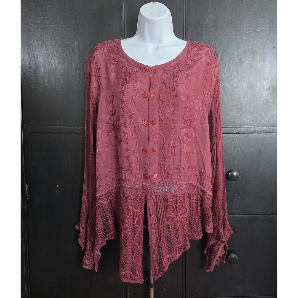 BFA Classics Blouse Womens MP Burgundy Boho Embroidered Crochet Fairy Whimsigoth - Picture 4 of 14